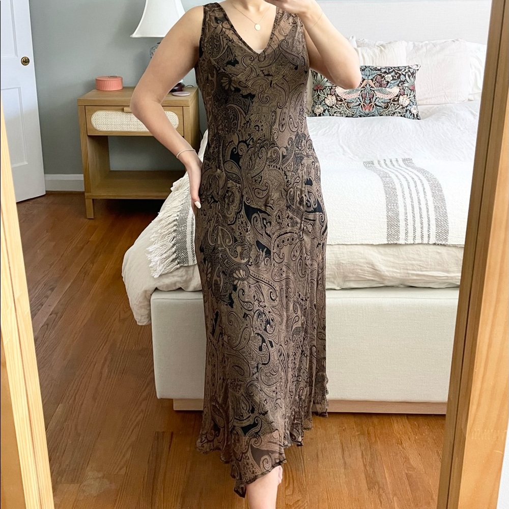 Vintage 90s Brown and Black Paisley Silk Handkerchief Midi Dress